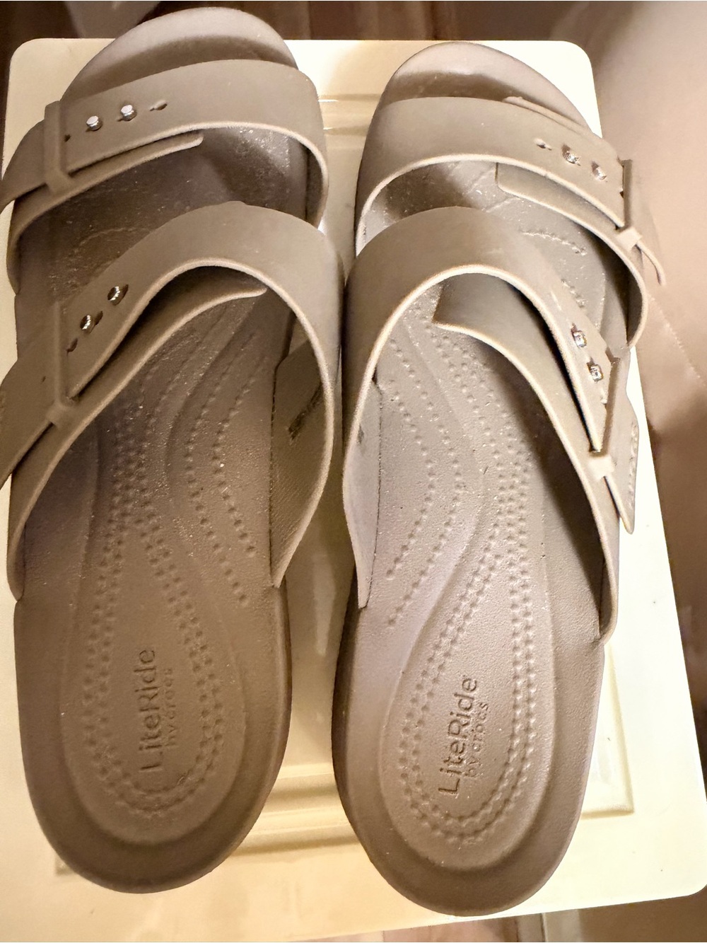 CROCS Women's Taupe Dual-Strap Platform Slide Sandals - Picture 4 of 5